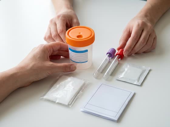 Lay it out — Cup, transfer tubes, wipe, absorbent sheet and requisition.
